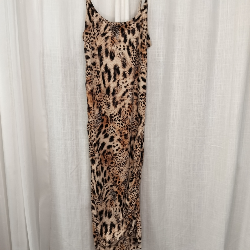 2/$30 Leopard Print Bodycon Sexy Dress Women Sz L Side Ruching Stretchy Mob wife